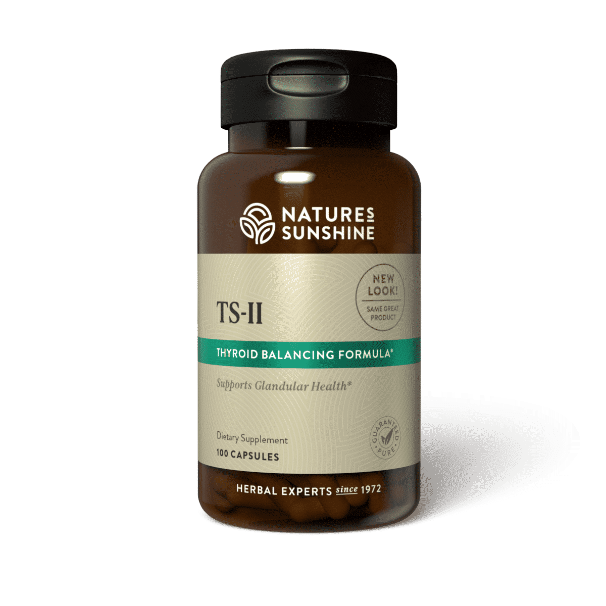 Herbal thyroid gland support supplement with kelp, hops, and parsley to promote hormone balance and endocrine health.