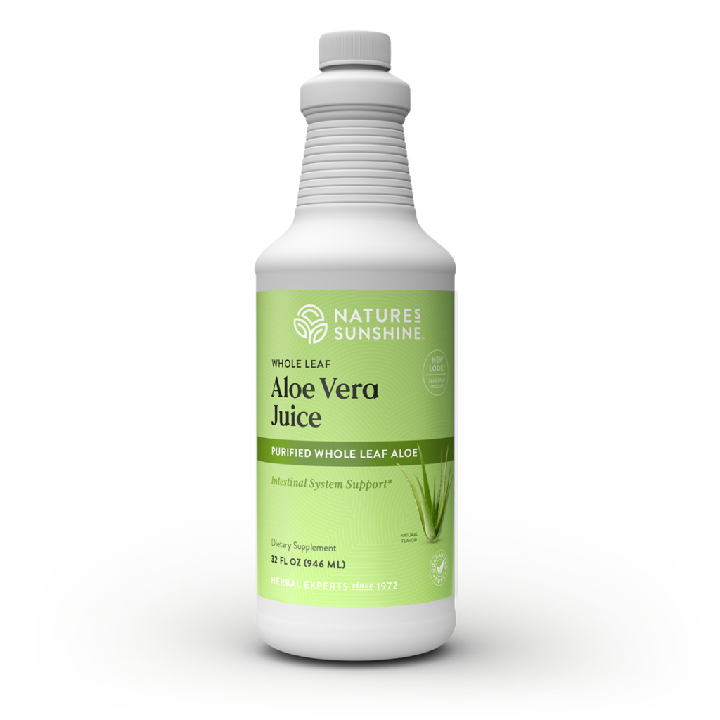Aloe Vera Leaf Juice bottle with aloe plant, symbolizing digestive tract support, gut health, and soothing inner leaf aloe benefits.
