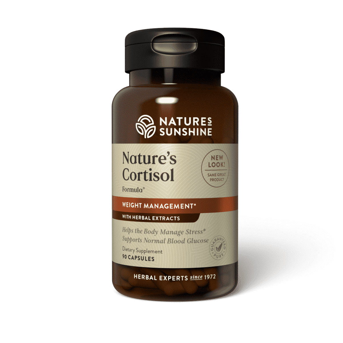 Nature’s Cortisol Stress Support bottle with adaptogenic herbs and vitamins, highlighting adrenal balance, energy, and mood support.
