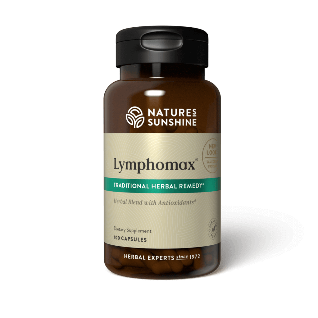 Lymphomax herbal supplement bottle for lymphatic system support and immune health with cleavers and red clover.