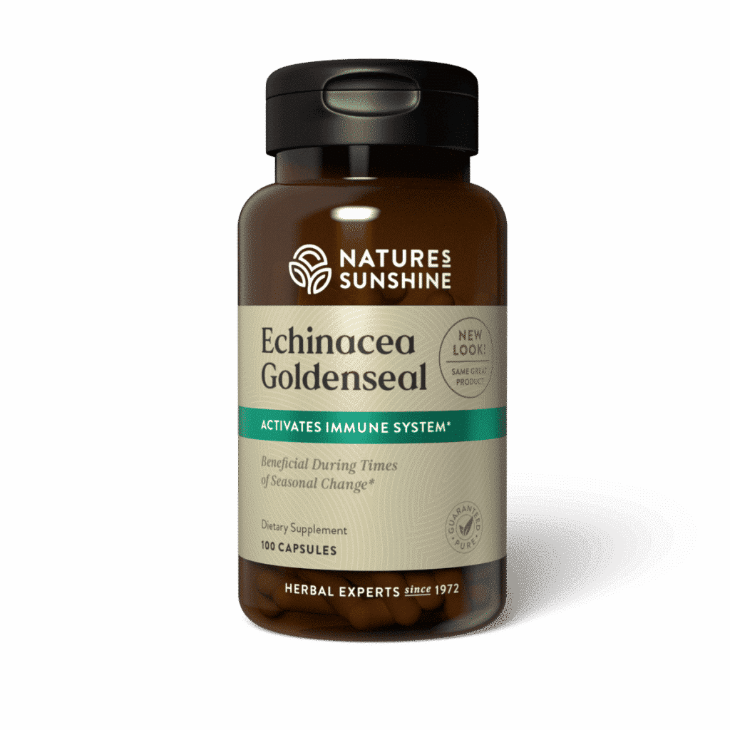 Immune Support Supplement bottle with echinacea flowers and golden seal root, representing natural immune and respiratory system support.